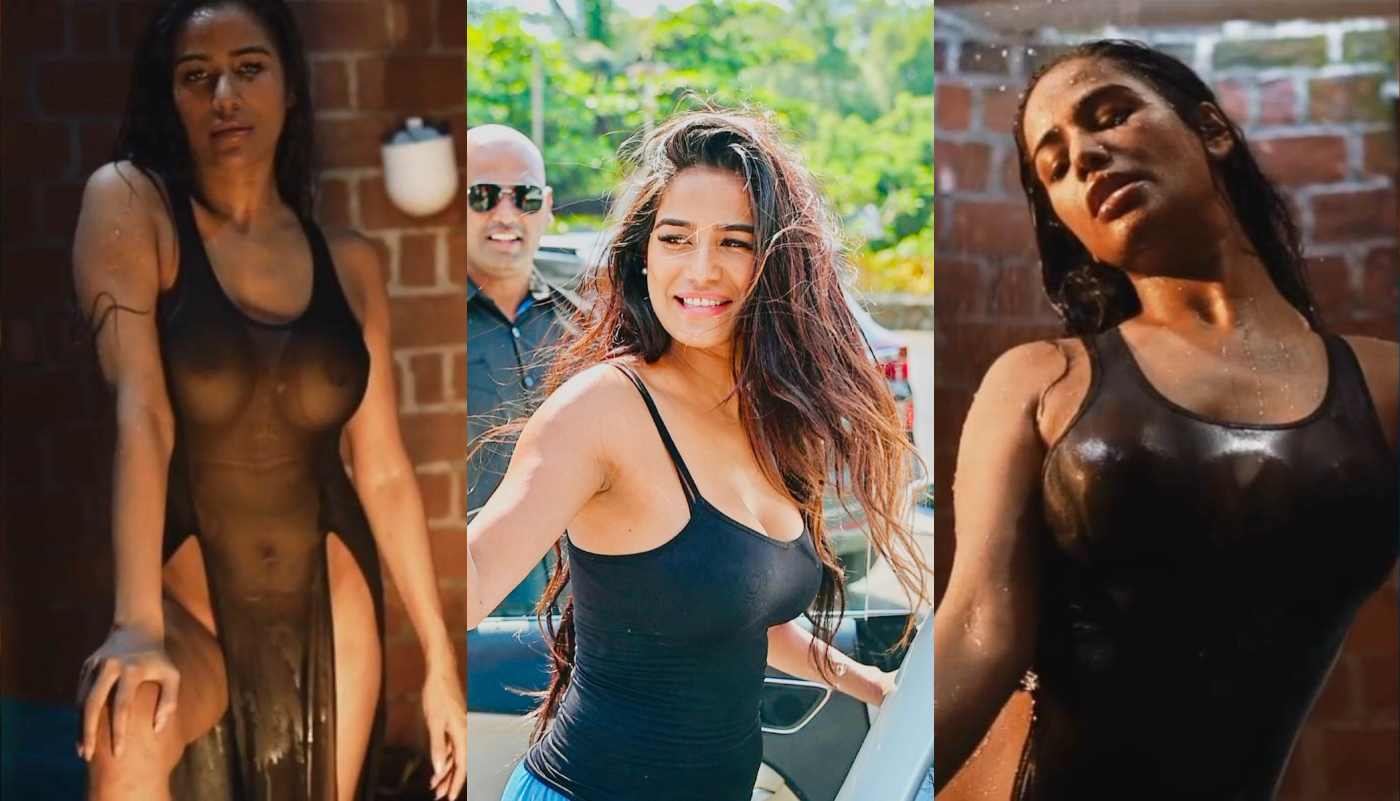 Sexy Actress Poonam Pandey Transparent Wet black dress Onlyfans Nude